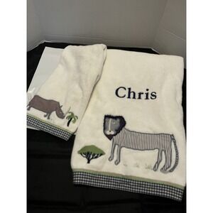Pottery Barn Kids Name "Chris"Embroidered Large Bath Hand Towels X 2 Lion Rhino